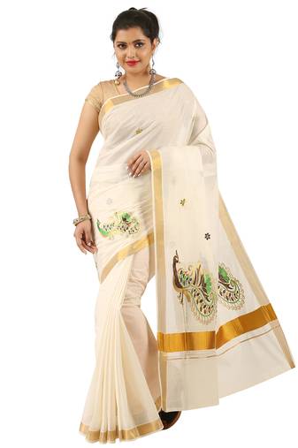 Selvamani tex kerala kasavu cotton saree with running blouse