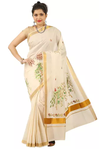 Selvamani tex kerala kasavu cotton saree with running blouse