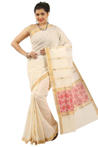Selvamani tex kerala kasavu cotton saree with running blouse