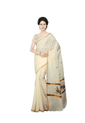 beige gold zari border kasavu cotton saree 1
