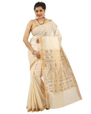 White and Gold Cotton Plain Kerala Saree with Blouse 2