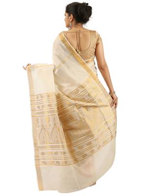 White and Gold Cotton Plain Kerala Saree with Blouse 3