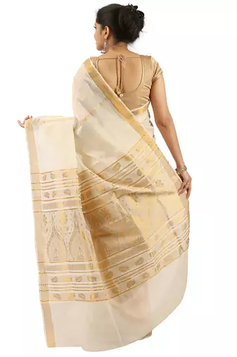 White and Gold Cotton Plain Kerala Saree with Blouse