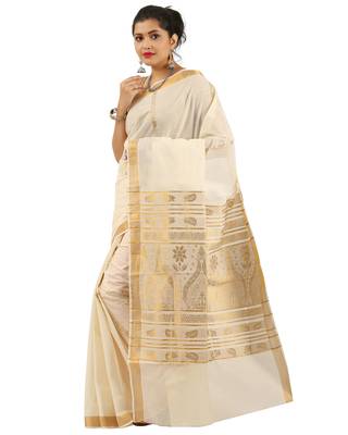 White and Gold Cotton Plain Kerala Saree with Blouse 4