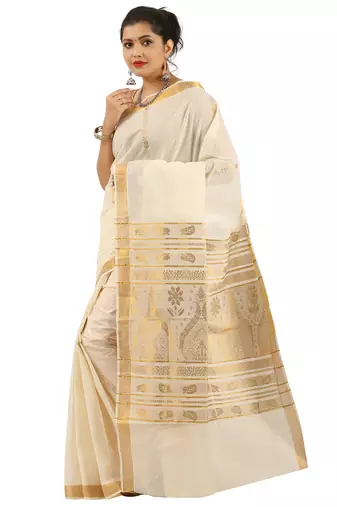 White and Gold Cotton Plain Kerala Saree with Blouse