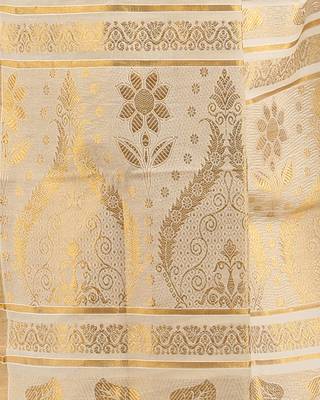 White and Gold Cotton Plain Kerala Saree with Blouse 5