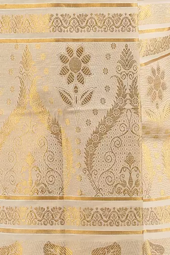White and Gold Cotton Plain Kerala Saree with Blouse