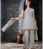 Grey color georgette embroidered stitched kurta, sharara & dupatta set