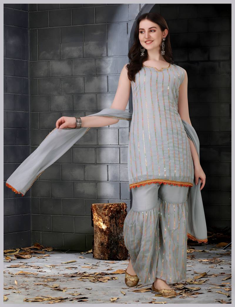 Grey color georgette embroidered stitched kurta, sharara & dupatta set