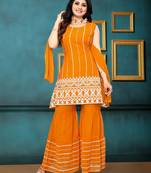 Mustard color georgette embroidered stitched kurta, sharara & dupatta set