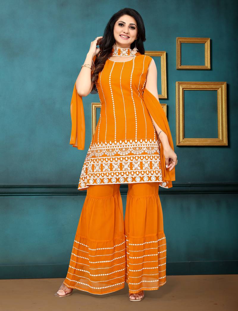 Mustard color georgette embroidered stitched kurta, sharara & dupatta set