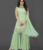 Pista color georgette embroidered stitched kurta, sharara & dupatta set