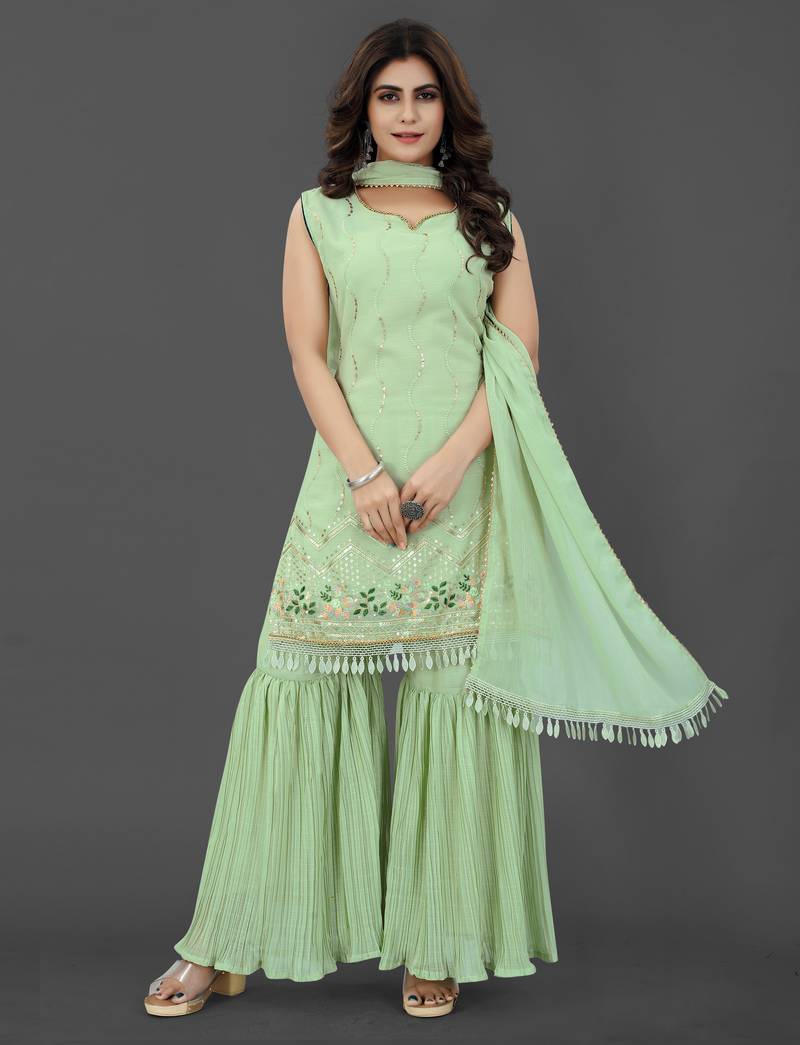 Pista color georgette embroidered stitched kurta, sharara & dupatta set