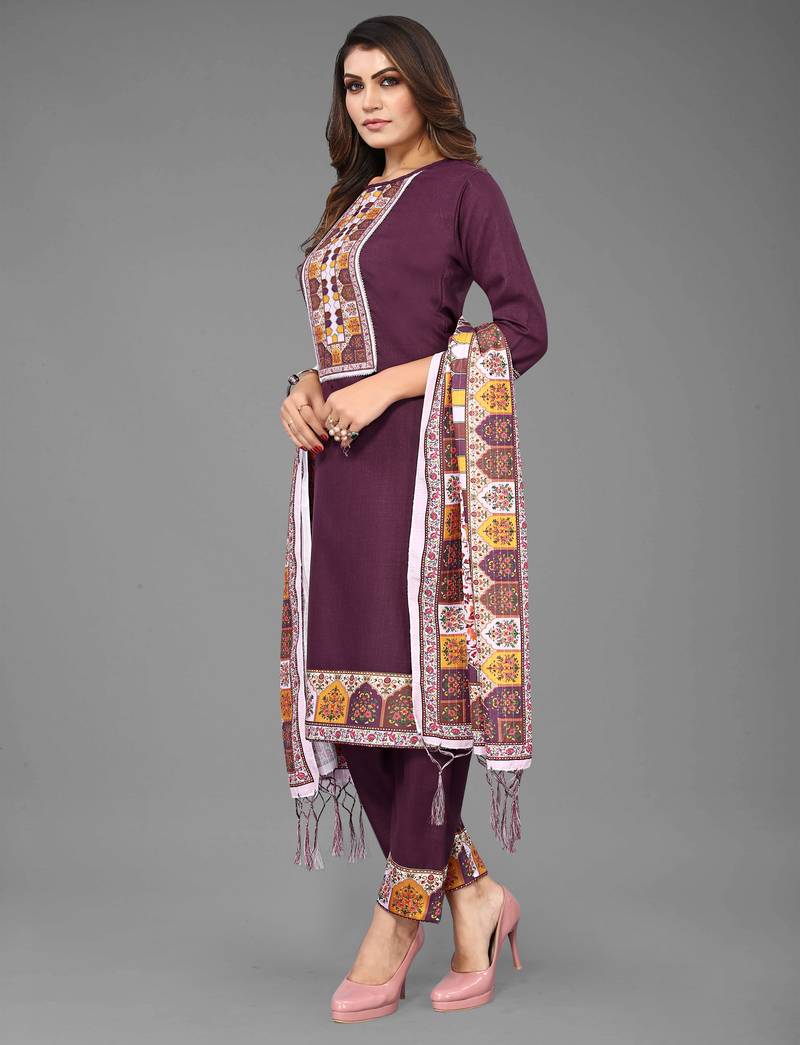 Wine Cotton Blend Embroidered Straight Kurta & Pant With Dupatta main image 1
