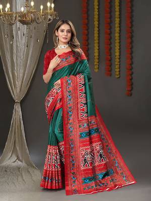 Vsaree Green Dola Silk Patola Printed Saree With Beautiful Contrast Printed Blouse For Women 1