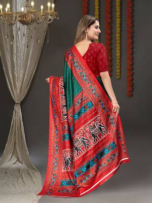 Vsaree Green Dola Silk Patola Printed Saree With Beautiful Contrast Printed Blouse For Women 4