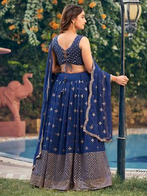 Blue Sequin Embroidered Work Georgette Fabric Wedding Lehenga Choli With Dupatta Semi Stitched. 5