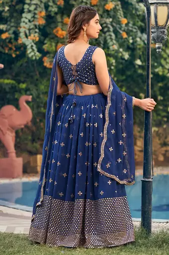 Blue Sequin Embroidered Work Georgette Fabric Wedding Lehenga Choli With Dupatta Semi Stitched.