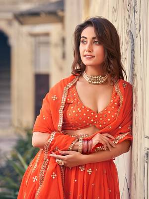 Orange Sequine Embroidered Work Georgette Fabric Wedding Lehenga Choli With Dupatta Semi Stitched. 5