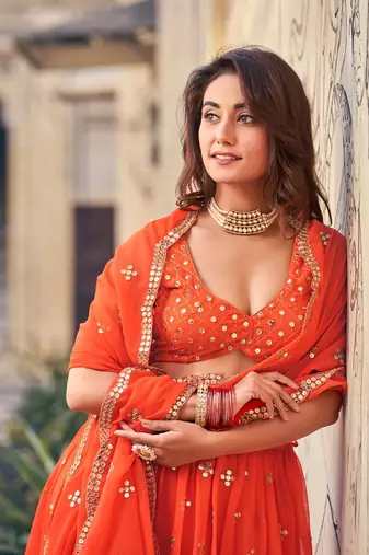 Orange Sequine Embroidered Work Georgette Fabric Wedding Lehenga Choli With Dupatta Semi Stitched.