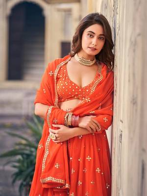 Orange Sequine Embroidered Work Georgette Fabric Wedding Lehenga Choli With Dupatta Semi Stitched. 6