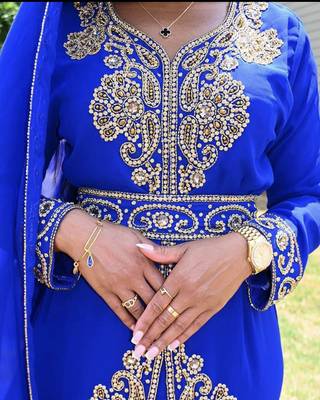 Luxurious Royal Blue Kaftan Gown with Gold Zari Work | Wedding & Formal Event Dress 2