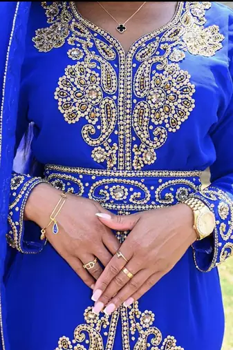 Luxurious Royal Blue Kaftan Gown with Gold Zari Work | Wedding & Formal Event Dress