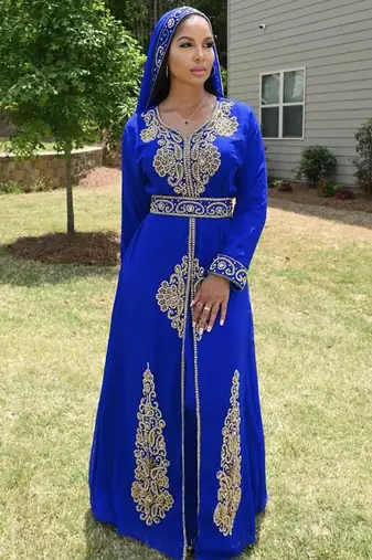 Luxurious Royal Blue Kaftan Gown with Gold Zari Work | Wedding & Formal Event Dress