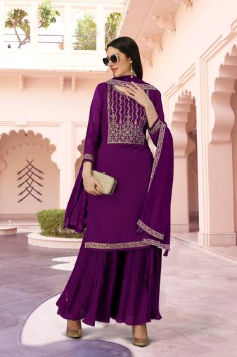 Purple Vichitra Silk Embroidered Party Wear Kurta Pant with Dupatta Salwar Suit Set