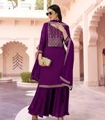 Trendmalls Purple Vichitra Silk Embroidered Party Wear Kurta Pant with Dupatta Salwar Suit Set