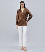 Brown wrap embellished satin shirt