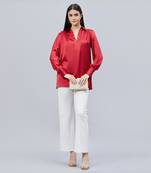Red gathered embellished satin shirt