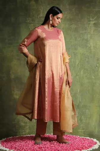 Rose gold pure chanderi tissue kurta set