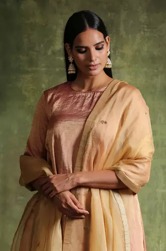 Rose gold pure chanderi tissue kurta set