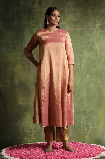Rose gold pure chanderi tissue kurta set