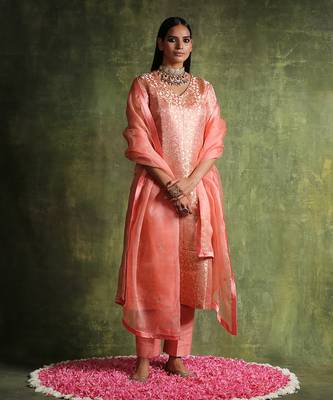 Peach handloom pure katan silk kurta set 1
