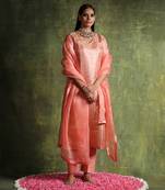 Peach handloom pure katan silk kurta set