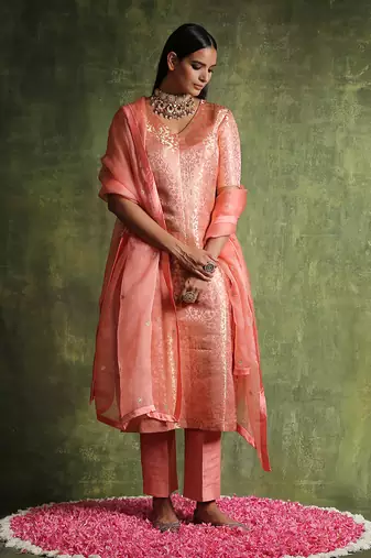 Peach handloom pure katan silk kurta set