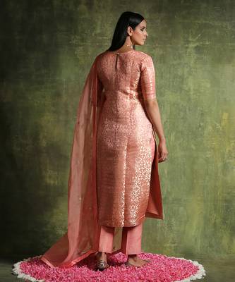 Peach handloom pure katan silk kurta set 3