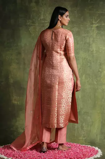 Peach handloom pure katan silk kurta set