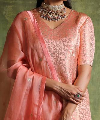 Peach handloom pure katan silk kurta set 4