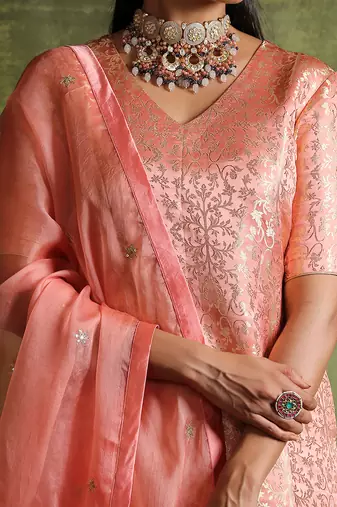 Peach handloom pure katan silk kurta set