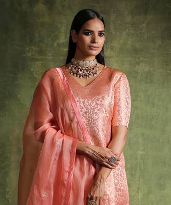 Peach handloom pure katan silk kurta set 5
