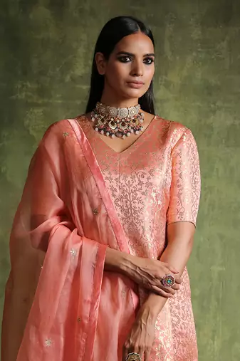 Peach handloom pure katan silk kurta set