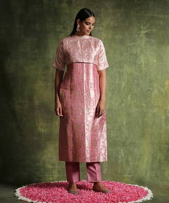 Dusty pink pure katan silk brocade kurta set 2