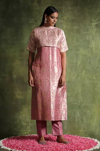 Dusty pink pure katan silk brocade kurta set