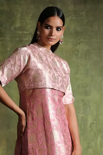 Dusty pink pure katan silk brocade kurta set