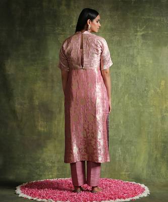 Dusty pink pure katan silk brocade kurta set 5