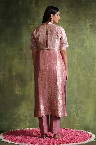 Dusty pink pure katan silk brocade kurta set