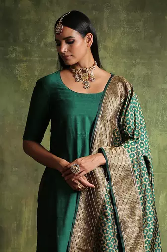 Pine green moonga silk kurta set